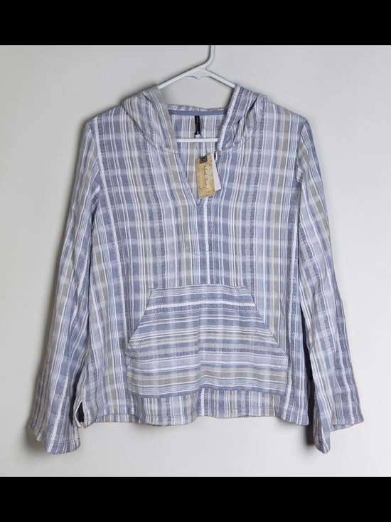 North river Tops - North River Striped Baja Hoodie Beach Poncho Pullover Blue Gray White Size Med.